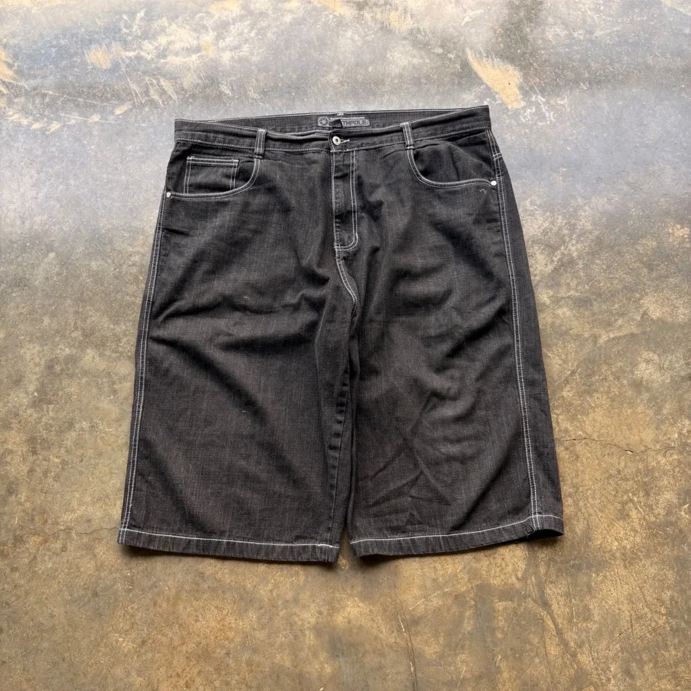 Southpole Mens Black Denim‎ Shorts Baggy Y2K Contrast Stitch Size 46 Streetwear